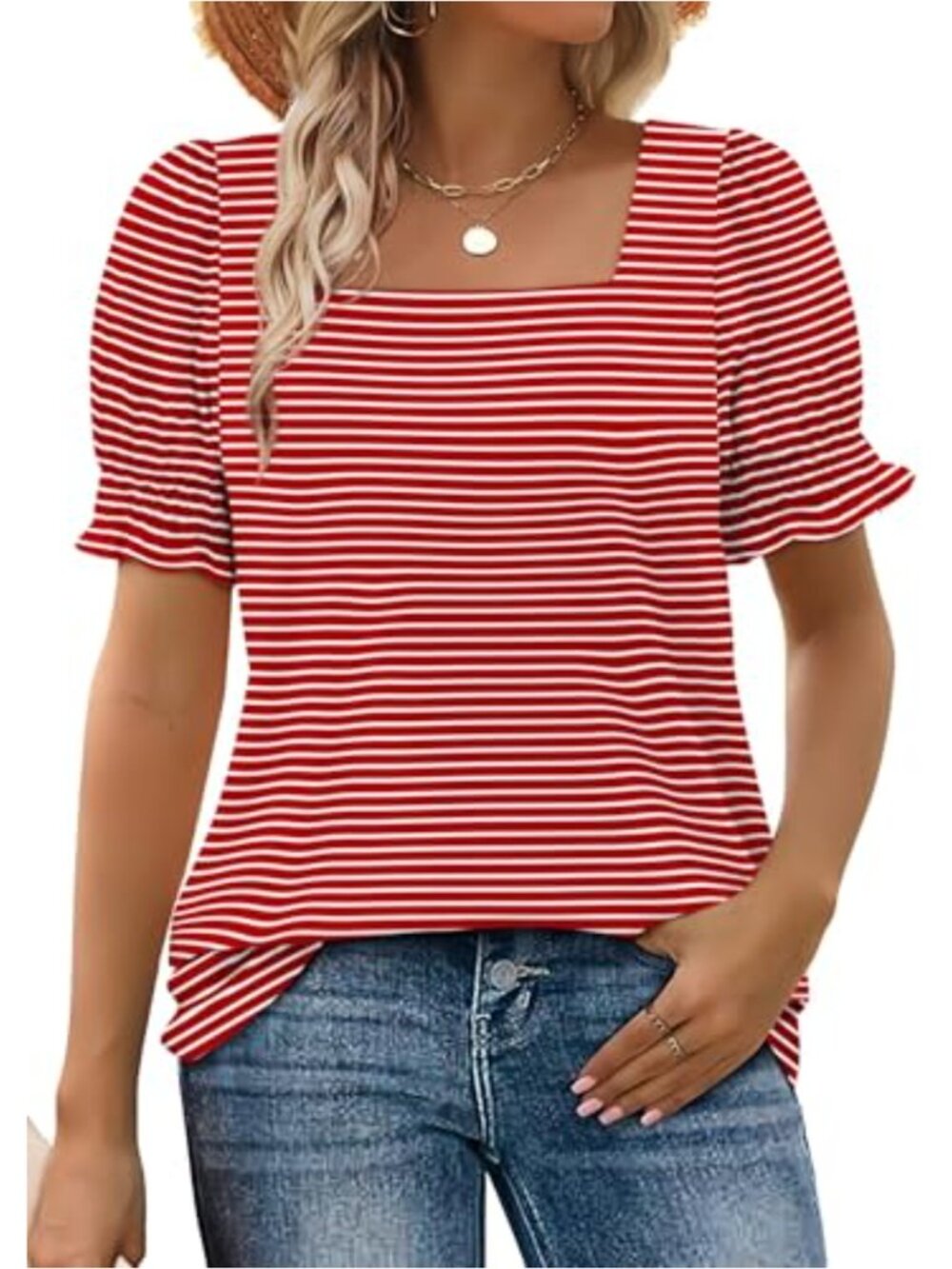 Womens Ruffle Short Sleeve Square Neck Tunic Top Loose Fit Summer Blouse